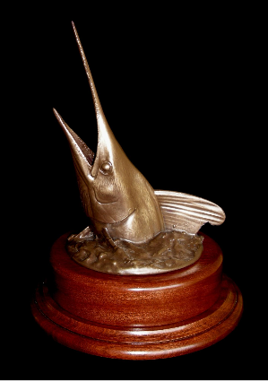 white marlin bronze head mount on a rotating mahogany base