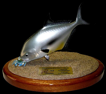 12" Permit Eats a Crab on a Sand Sculpture and Mahogany Base 12" Permit Eats a Crab on a Sand Sculpture and Mahogany Base